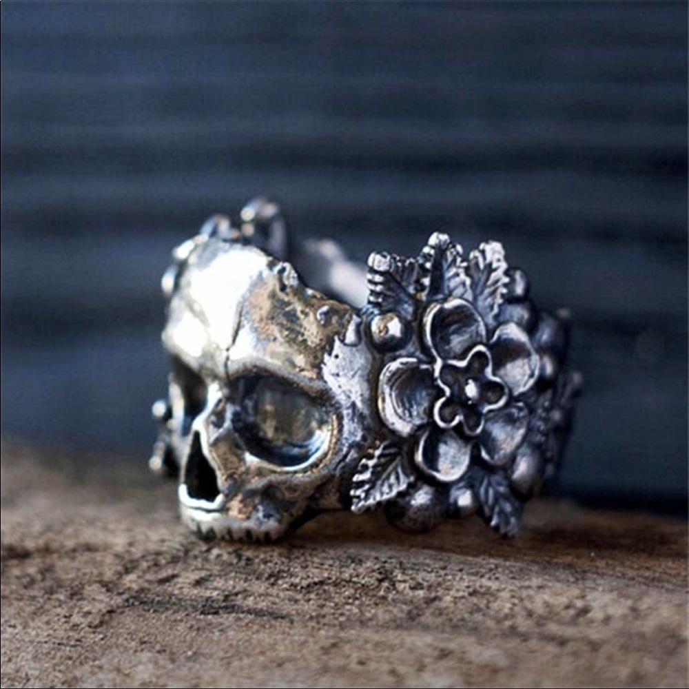 Silver Skull Floral Ring